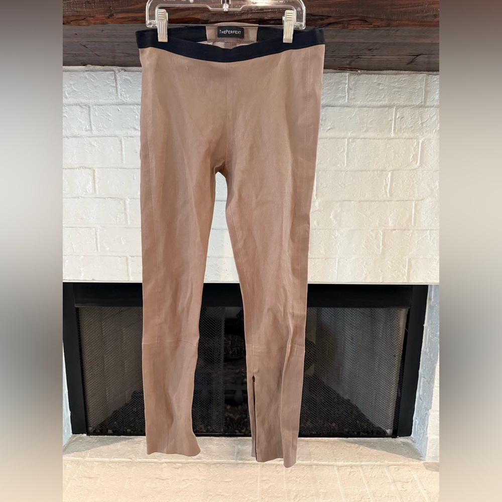 THEPERFEXT Taupe/Brown Faux Leather Waistband Legging